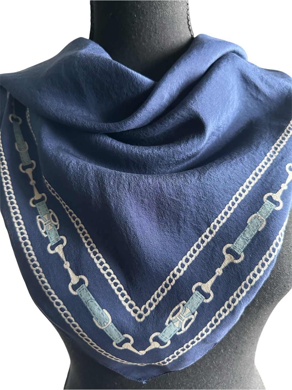 CELINE Paris Silk Scarf Navy Blue Horsebit Chain Print Square Scarf
